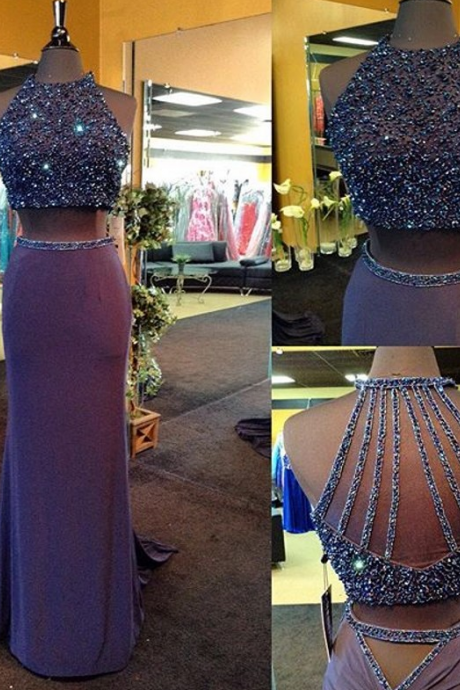 2016 Real Iamge Two Pieces Prom Dresses Sexy Mermaid Lavendar Beads Crystals Bling Sparkle Luxury Rhinestones Backless Long Formal Party Gowns