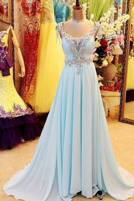 Real Image Luxurious Light Sky Blue V Neck Floor Length Open Back Beading Crystal Evening Dresses Prom Dresses Plus Size