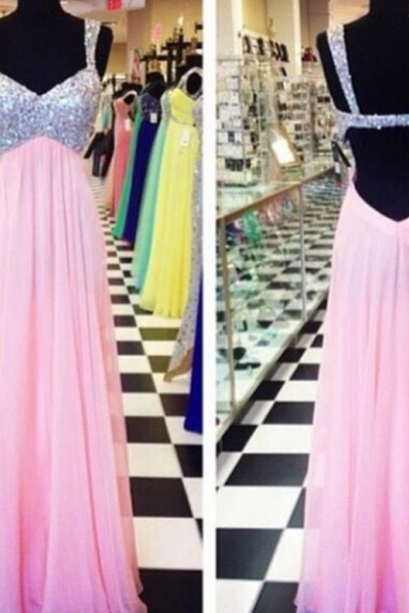Long Pink Prom Dress,backless Beaded Graduation Dress,sexy Straps Open Back Formal Party Dresses