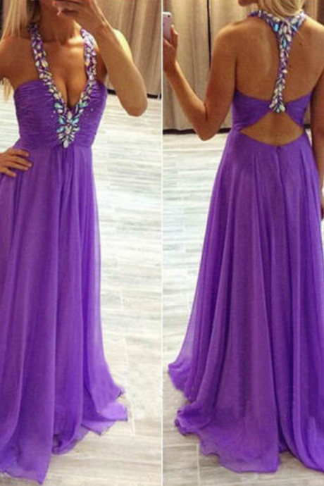 Sexy Backless Prom Dresses,beaded Halter Purple Graduation Dresses,sexy Evening Party Dresses