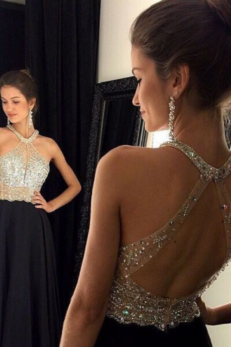 Sexy Beaded Prom Dresses,open Back Black Evening Party Dresses,halter Neckline Formal Evening Party Dresses
