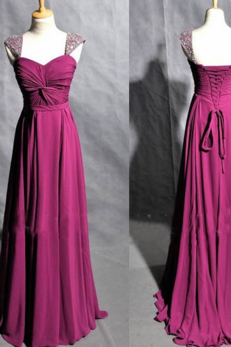  Free Shipping Beaded Cap Sleeves Prom Dress,Cheap Graduation Dress,Purple Evening Dress,Cap Sleeves Prom Gowns