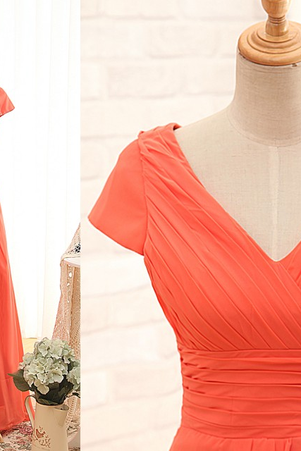  Short Sleeves V-neckline Orange Bridesmaid Dress,Custom Prom Dress