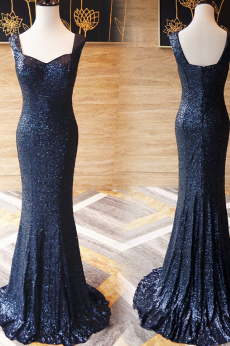 Floor Length Straps Sweetheart Navy Blue Sequins Prom Dress,occasion Dress, Evening Party Dress