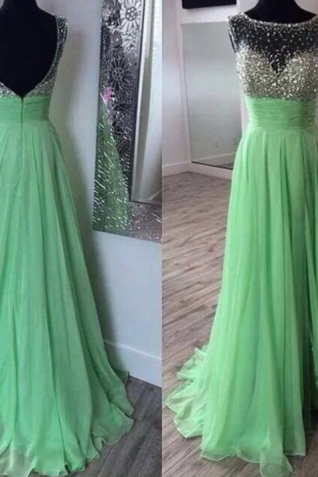 Full Length Green Sexy Split Prom Dress,illusion Beaded Occasion Dress