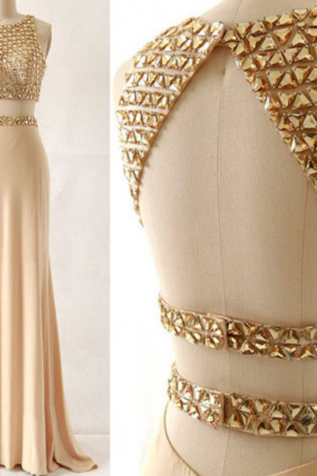Sexy Two Piece Prom Dress,beaded Keyhole Back Occasion Dress,sexy Open Back Graduation Dress,champagne Evening Dress