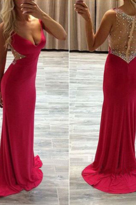 Open Back Prom Dress,deep V-neckline Sexy Graduation Dress,sexy Red Evening Party Dress