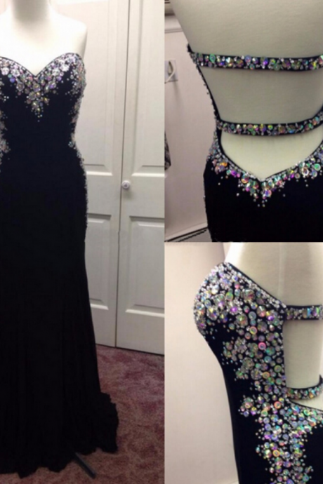 Sweetheart Backless Prom Dresses, Sexy Prom Dress, Black Chiffon Prom Dresses, Chiffon Prom Dresses, 2016 Prom Dresses,beaded Crystal Chiffon