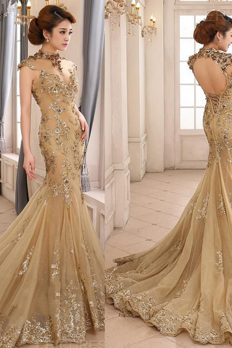 Long Backless Champagne Party Prom Dresses Appliques Mermaid Formal Evening Pageant Gowns