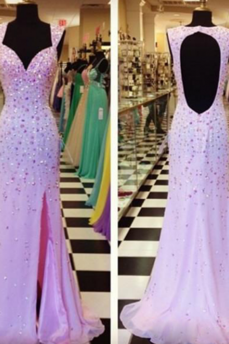 Crystal Beaded A-line Straps Sweetheart Neck Backless Long Lilac Chiffon Side Slit Prom Evening Dresses Pageant Party Formal Gowns