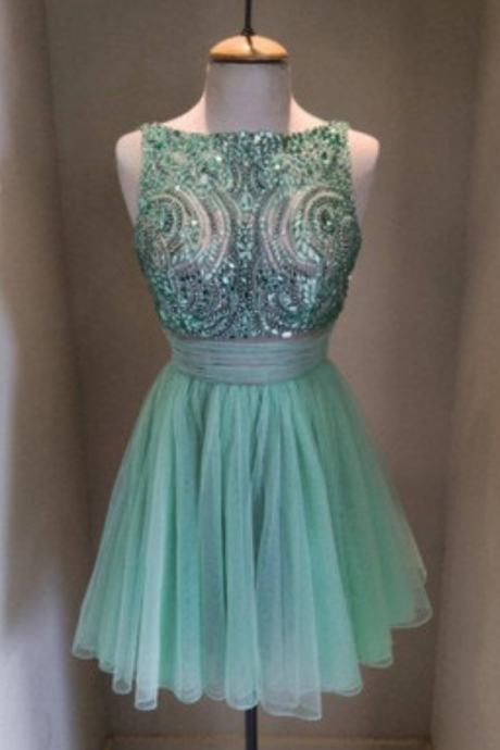2016 Green Tulle Homecoming Dresses, Rhinestone Prom Dresses, Beading Party Dresses, Cute Prom Dresses, Short Homecoming Dresses