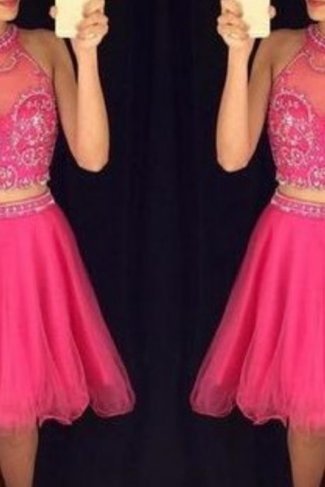 2016 Most Popular Two Pieces Homecoming Dresses, Pink Prom Dresses, Halter Evening Dresses, Sexy Cocktail Dresses,mini Party Dresses For Juniors