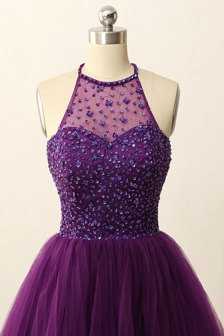 2016 Custom Purple Homecoming Dresses, Sexy Open Back Prom Dresses, Beaded Homecoming Dresses, Tulle Party Dresses,halter Cocktail Dresses