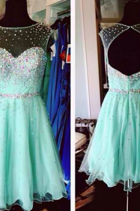 Customized Beautiful Mint Green Homecoming Dresses,tulle Cocktail Dresses, Backless Beaded Short Homecoming Dresses