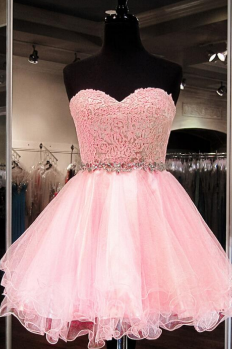 2016 Tulle Homecoming Dresses,sweetheart Evening Dresses,applique Cocktail Dresses,pink Beaded 2016 Popular Homecoming Dresses