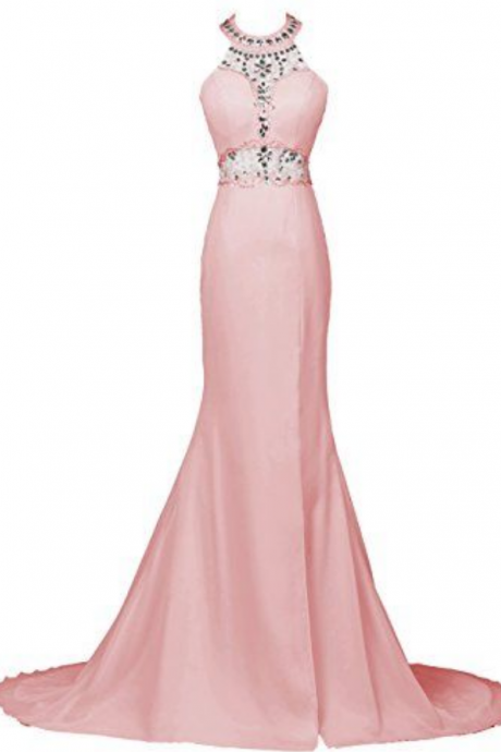 Blush Pink Halter Beaded Mermaid Long Prom Dress, Evening Dress