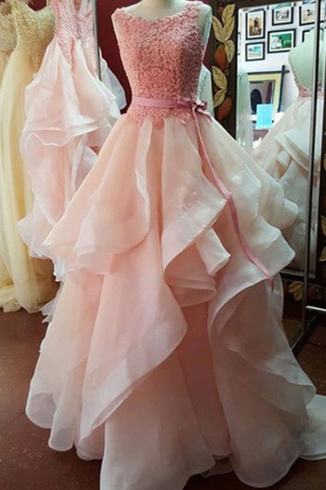 Charming Pink Beaded Lace Appliques Organza Prom Dresses,long Prom Dresses,sexy Backless Evening Dresses,evening Gown,pretty Prom