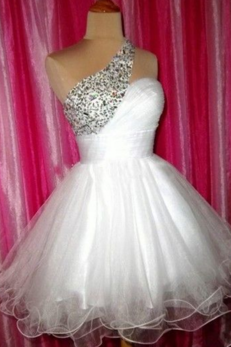  High Quality Homecoming Dress,Beading Homecoming Dress,One-Shoulder Graduation Dress,Tulle Short Prom Dress