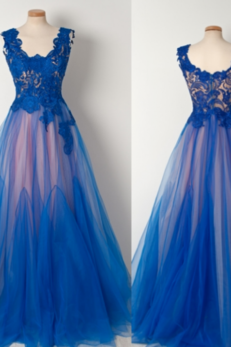 Blue Lace Plunge U Sleeveless Floor Length Tulle Formal Dress, Prom Dress