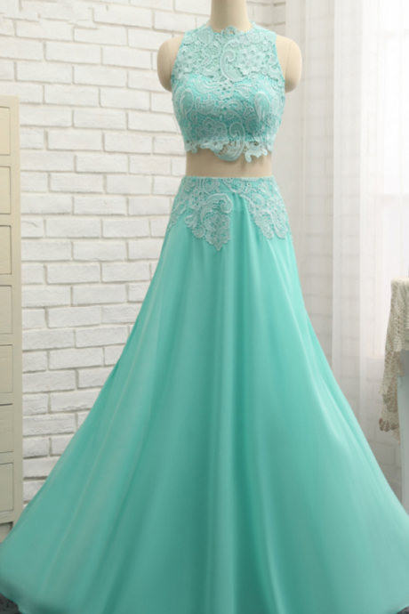 A-line High Collar Prom Dress,chiffon Lace Prom Dresses,two Pieces Long Prom Gown ,evening Dresses, Evening Gown,