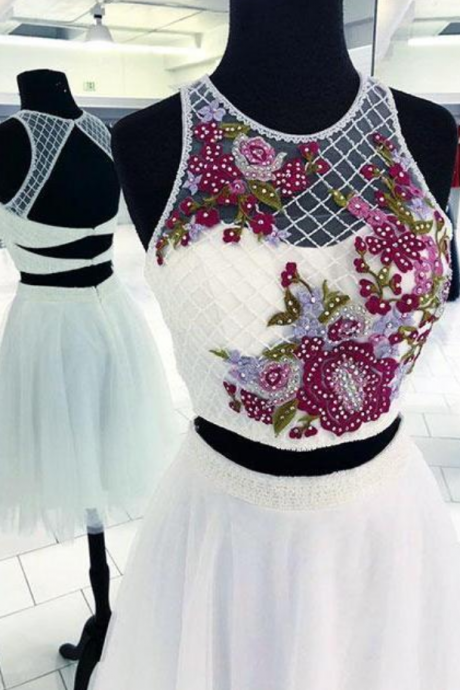 White Round Neck Two Pieces Beads Short Prom Dress, White Homecoming Dress
