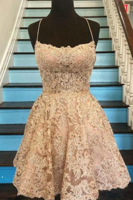 Champagne Lace Short Prom Dress, Champagne Lace Homecoming Dress