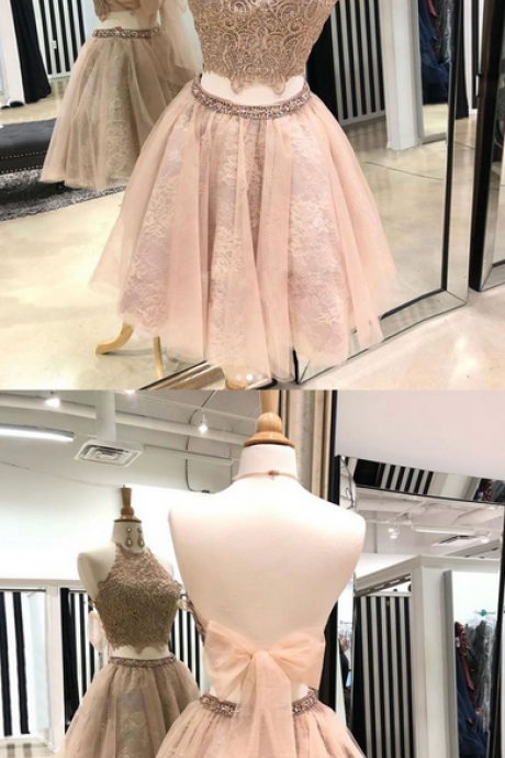 Cute Champagne Tulle Lace Short Prom Dress, Homecoming Dress