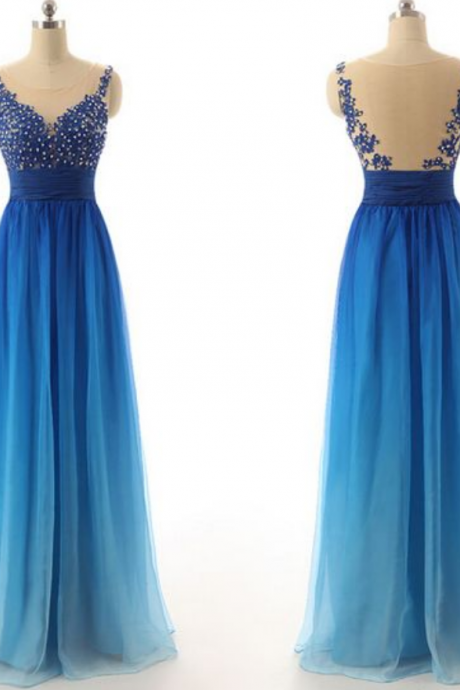 Ombre Blue Prom Dresses,evening Gowns,sexy Formal Dresses,beaded Prom Dresses,ombre Evening Gown,evening Dress,chiffon Prom Dresses