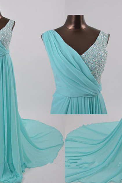 Blue Prom Dresses,a-line Prom Dress,beading Prom Dress,v Neck Prom Dress,chiffon Prom Dress,simple Evening Gowns, Party Formal Gowns For Teens
