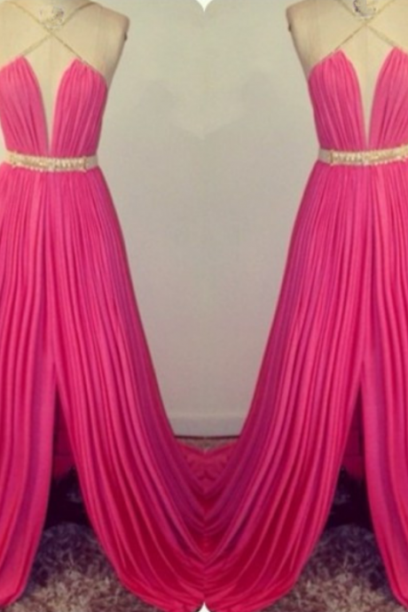 Pink Prom Dresses,open Back Prom Gowns,backless Prom Dresses,party Dresses 2016,long Prom Gown,open Backs Prom Dress,slit Evening Gowns,split