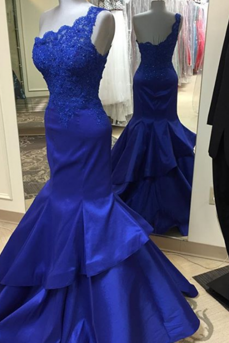  Mermaid Prom Gown,Royal Blue Prom Dresses,One Shoulder Evening Gowns,Simple Formal Dresses,One Shoulder Lace Prom Dresses