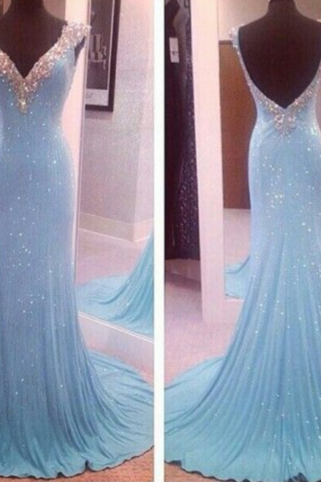 Light Blue Prom Dresses,Sequin Evening Dress,Sequined Prom Gowns,Open Back Prom Gown,Beautiful Formal Gown,V neck Evening Dress,Beaded Prom Dress