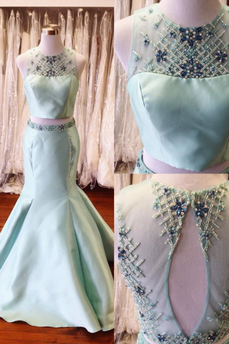  Two Pieces Long Mermaid Satin Prom Dresses For Teens,Handmade Mint Backless Prom Gowns,Charming Evening Dresses,Formal Party Dresses,Cute Dresses