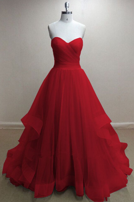 Pretty Handmade Tulle Red Sweetheart Long Prom Dresses, Red Prom Gowns, Tulle Formal Dresses