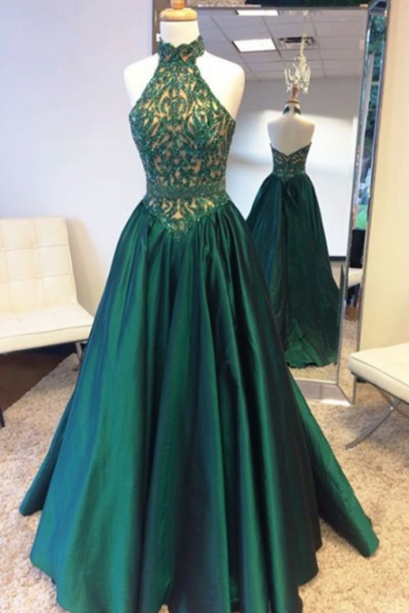 Prom Gownnew Prom Dress,elegant Halter Sweep Train Hunter Prom Dress With Lace Beading