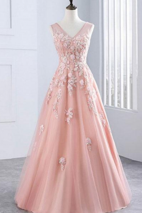 Pink V Neck Tulle Lace Long Prom Dress, Pink Evening Dress