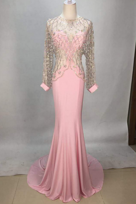 Evening Dresses,prom Dress ,long Prom Dress ,lace Prom Dress O Neck Prom Dress,v Back Prom Dress ,party Dresssexy Pink Long Sleeve Beaded