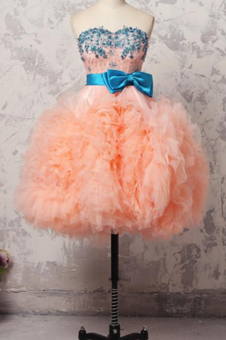 Real Image Cute Homecoming Dresses Lace Appliques Strapless Bow Girls Pageant Dresses With Sashes Sequins Knee Length Prom Dresses