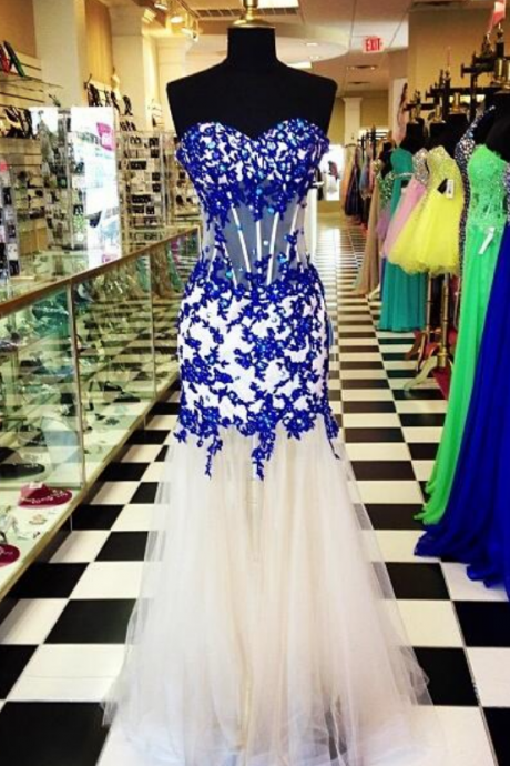 Prom Dress, Elegant Prom Dress, Sweetheart Prom Dress, Royal Blue Prom Dress, Crystal Prom Dress, Tulle Prom Dress, Long Prom Dress, Formal