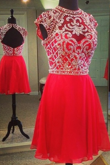  Homecoming Dresses,Red Homecoming Dress,Short Homecoming Dress,Sexy Short Prom Dress,Red Chiffon Prom Dress, Backless Short Prom Dress,Prom Dress with Beadings,2017