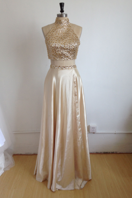  Prom Dresses, Two Pieces Prom Dresses, 2 Piece Prom Dresses, 2017 Prom Dresses, Gold Evening Dresses, Beaded Prom Gowns, Prom Dresses with Halter, Pageant Dress, Prom Dress with Gold Beadings
