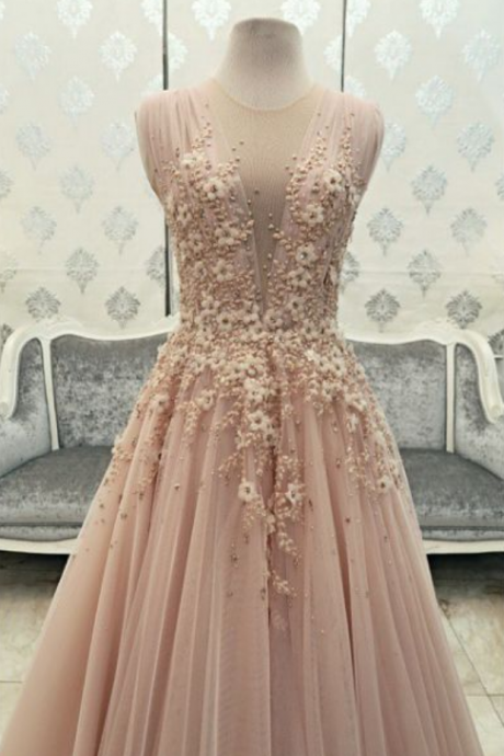 Prom Dresses,tulle Prom Gowns,long Prom Dresses,blush Pink Prom Dress,backless Prom Dress,prom Gowns Beaded, Prom Dress With Pearls Flowers,2017