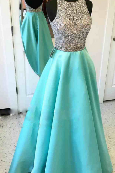 Prom Dresses,Scoop Prom Gowns,Long Satin Prom Dresses,Turquoise Prom Dress,Prom Dresses with Beadings,Open Back Prom Dress, 2017