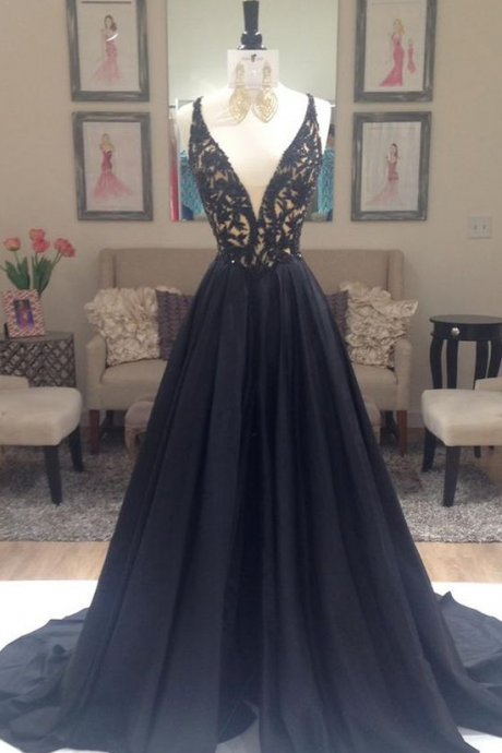  Prom Dresses,Deep V Neckline Prom Gowns,Long Prom Dresses,Black Prom Dress,Lace Prom Dress,Taffeta Puffy Prom Dresses,2017