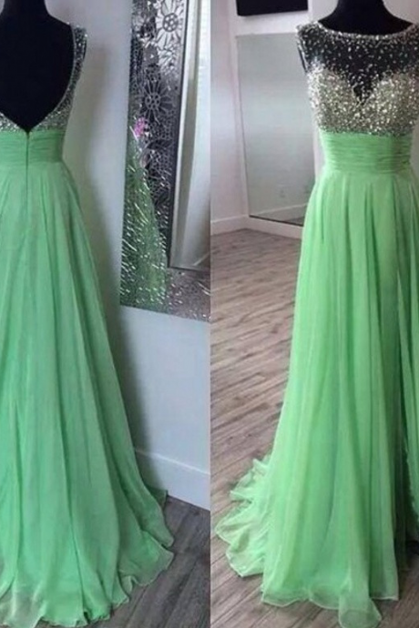  Prom Dresses,Scoop Prom Gowns,Long Chiffon Prom Dresses,Mint Prom Dress,Sexy Prom Dresses with Beadings,2017