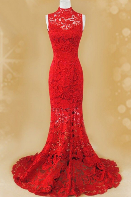  Red Lace Prom Dress, Mermaid Prom Dress, High Neck Prom Dress,Cheap Prom Dress, Fashion Party Dress,Prom Dresses