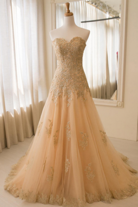Strapless Champagne Wedding Dress,appliques Evening Dresses,tulle Wedding Dresses