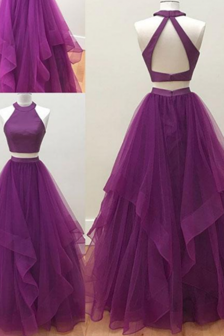 Simple High Neck Two Piece Purple Prom Dress,Open Back Tulle Evening Dress , A-Line Party Dress,Prom Dress