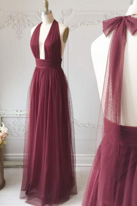 Halter Neckline Burgundy Tulle Prom Dress, A-line Party Dress,prom Dresses