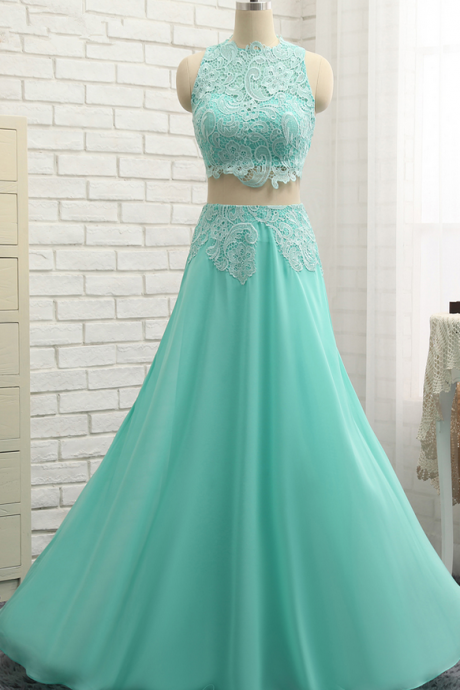 A-line High Collar Chiffon Evening Dress,lace Two Pieces Long Prom Gown, Evening Dresses, Evening Gown